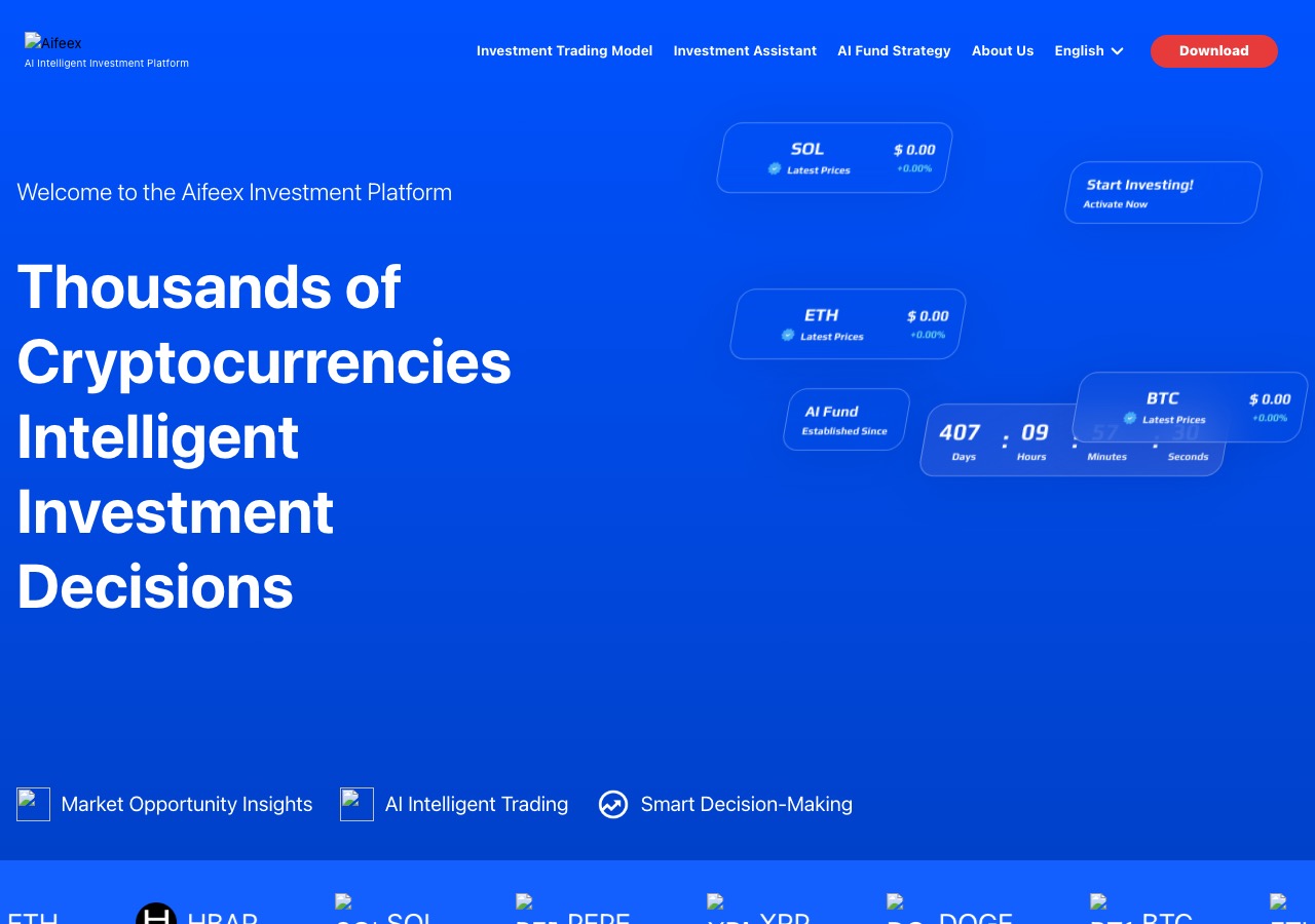 AiFeex公式サイトのトップページ。「Thousands of Cryptocurrencies Intelligent Investment Decisions」という見出しと、SOL・ETH・BTCの価格表示、AIファンドのカウントダウンが並んでいる