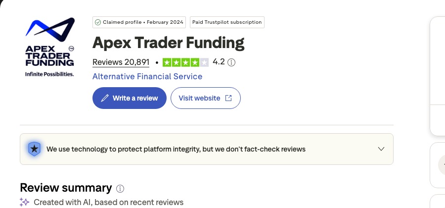 Apex Trader FundingのTrustpilot公式プロフィールページ。レビュー20,891件・評価4.2「Great」と表示されている
