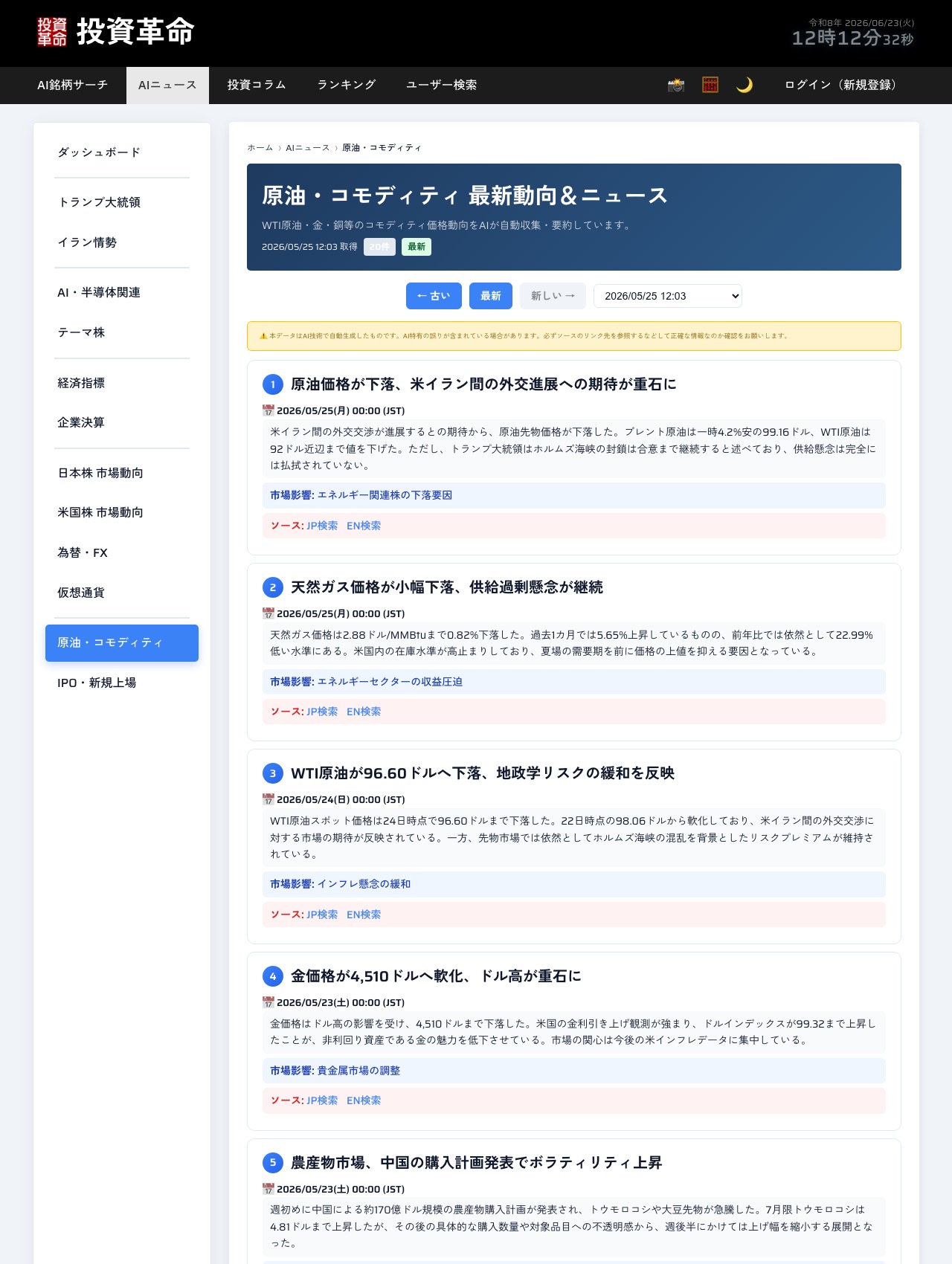 原油・コモディティの市況ニュースを配信する情報サイトの画面例