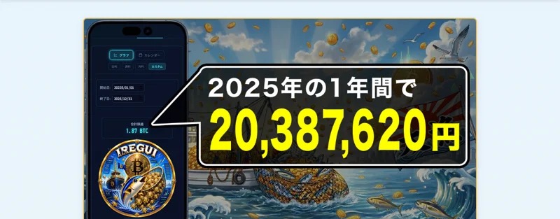 IREGUI PROJECTの広告で示される「2025年の1年間で20,387,620円」という利益表示(参考広告より引用)