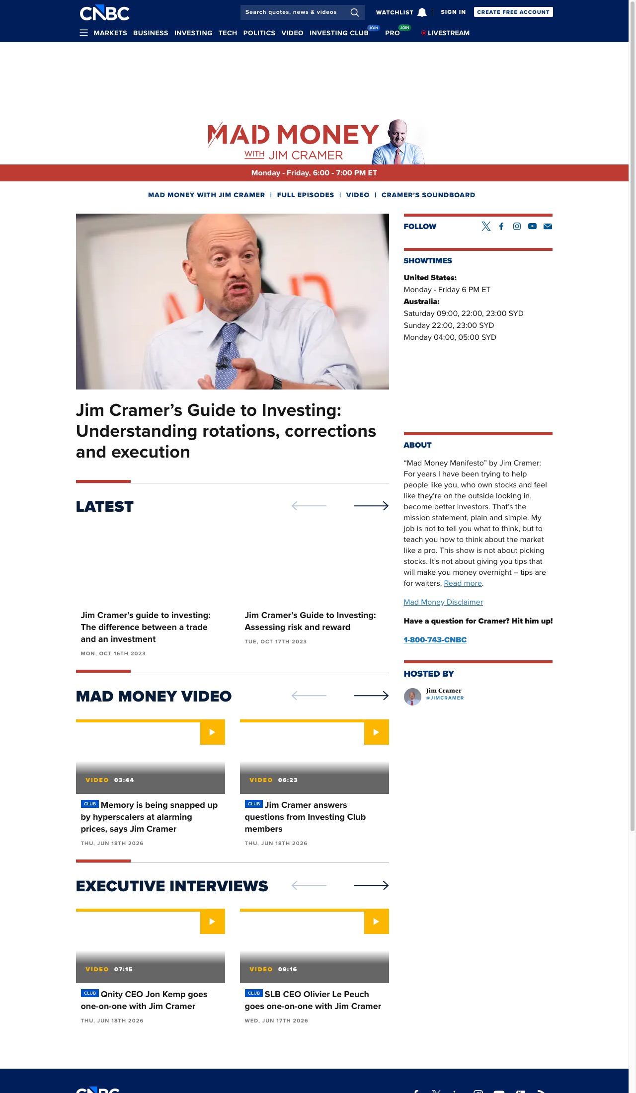 CNBC公式サイトのMad Money(ジム・クレイマー氏の番組)ページ