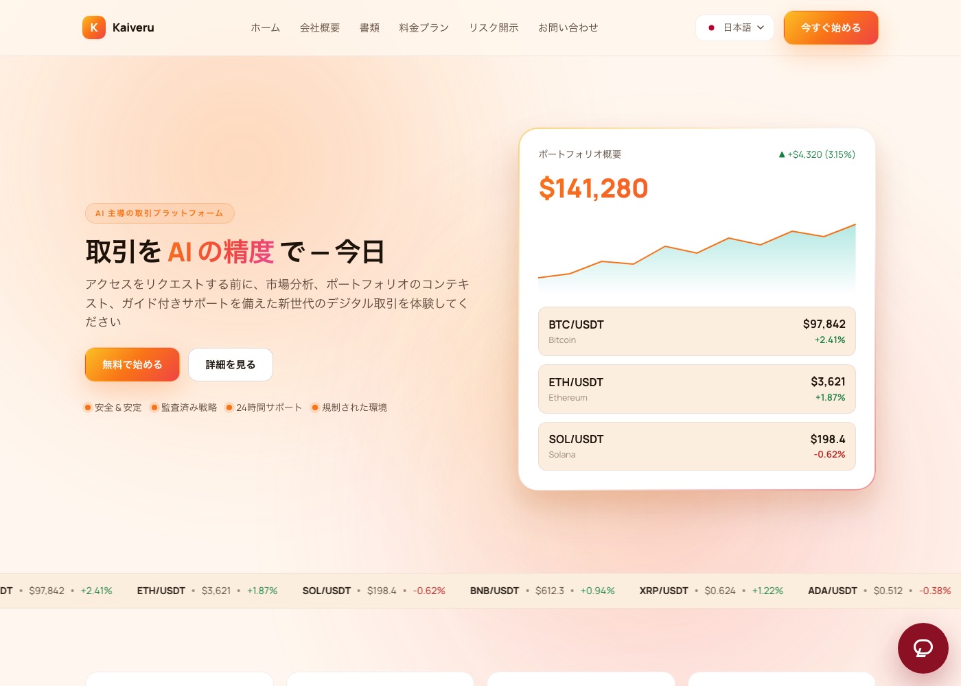 ポートフォリオ概要($141,280、+3.15%)を表示するKaiveru公式サイトのトップページ