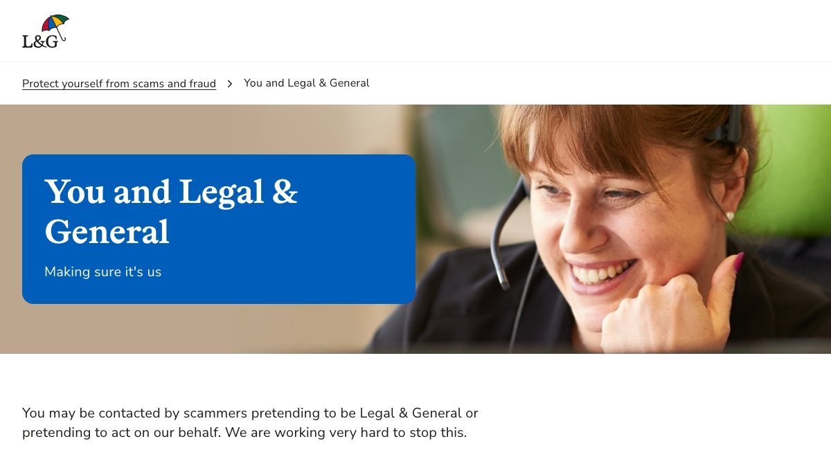 Legal & General Investment Management公式サイト「You and Legal & General」ページ。なりすまし詐欺の連絡を受ける可能性があるという注意喚起が掲載されている