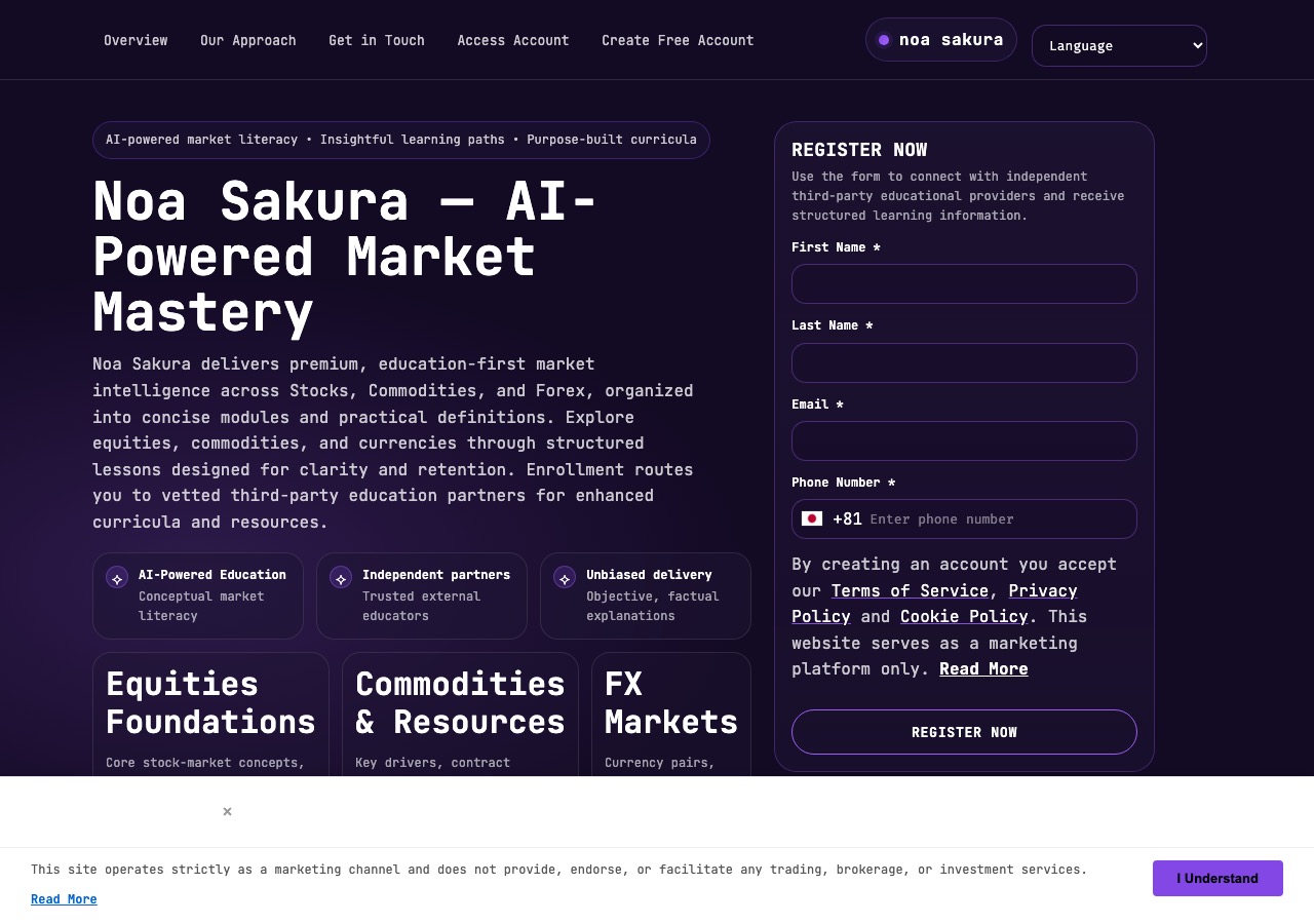 Noa Sakura公式サイトのトップページ。AI-Powered Market Masteryという説明文と、氏名・姓・メールアドレス・電話番号を入力するREGISTER NOWフォームが並んでいる