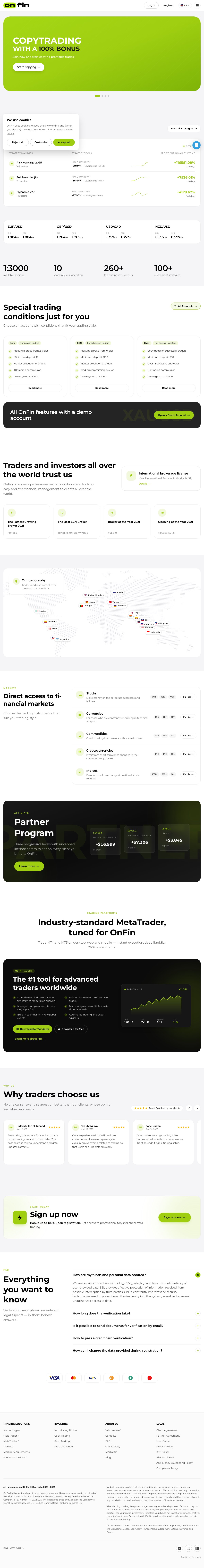 OnFin(onfin.io)公式サイトのトップページのスクリーンショット。'COPYTRADING WITH A 100% BONUS'という見出しとともに、レバレッジ1:3000、260以上の取引銘柄などの特徴が並んでいる