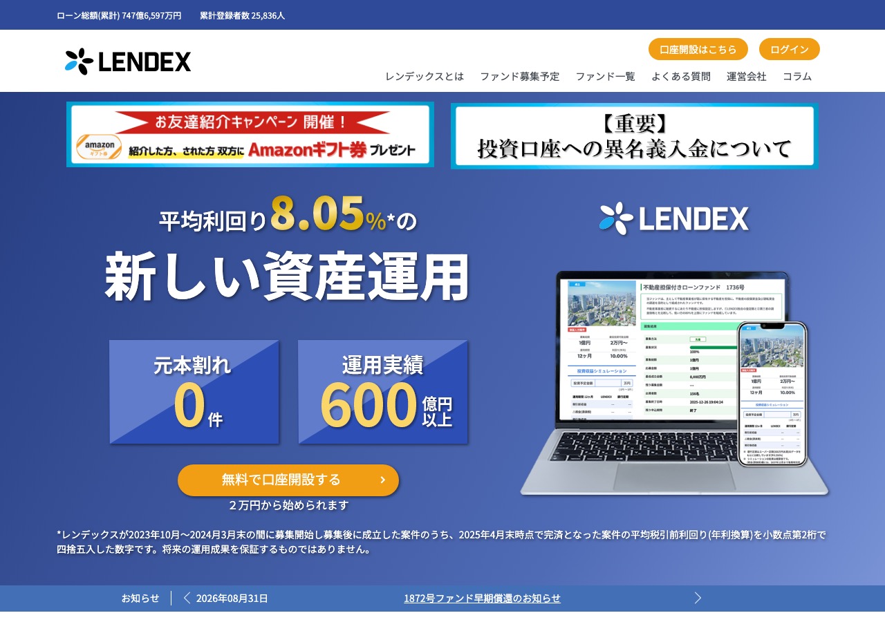 ソーシャルレンディング「LENDEX(レンデックス)」公式サイトのトップページ。「平均利回り8.05%の新しい資産運用」「元本割れ0件」「運用実績600億円以上」と書かれている