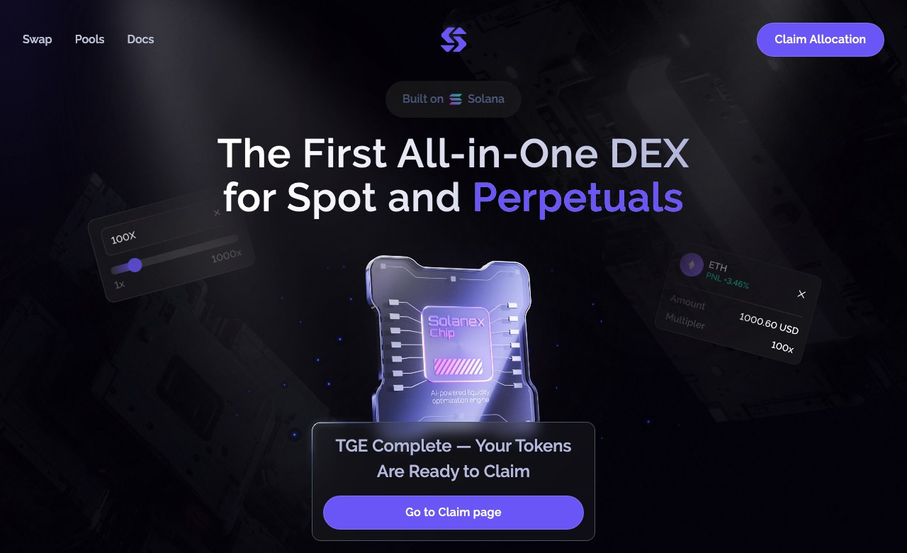 Solanex AI公式サイトのトップページ。『The First All-in-One DEX for Spot and Perpetuals』と大きく表示され、Claim Allocationボタンが置かれている