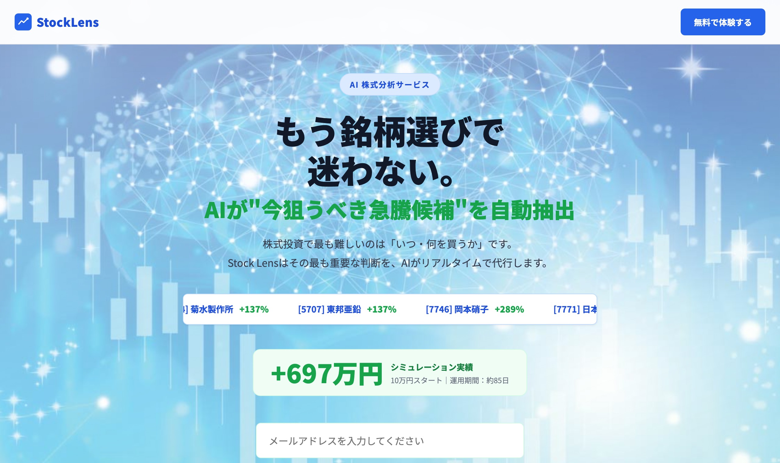 Stock Lens公式サイトのトップページ。「AIが今狙うべき急騰候補を自動抽出」「+697万円 シミュレーション実績」と書かれている