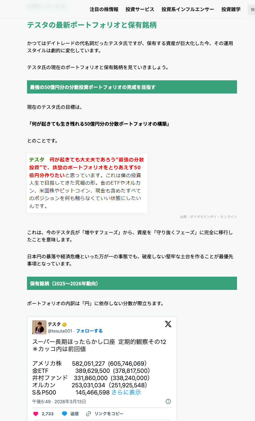 テスタ氏のポートフォリオに関する参考画像