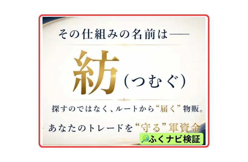 紡(つむぐ)の動画内スライド。「その仕組みの名前は紡(つむぐ)。探すのではなく、ルートから届く物販。あなたのトレードを守る軍資金」と表示されている