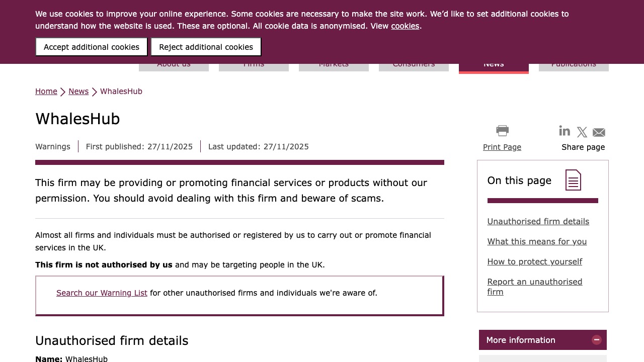 英国金融行為監督機構(FCA)公式サイトの「WhalesHub」警告ページ。無許可の業者として一般に注意喚起している