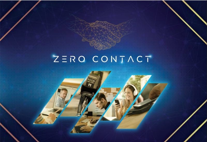 ZERO CONTACTのロゴと、リモートワークやフードデリバリー、オンライン学習など非接触サービスの利用シーンを並べたファンドのキービジュアル