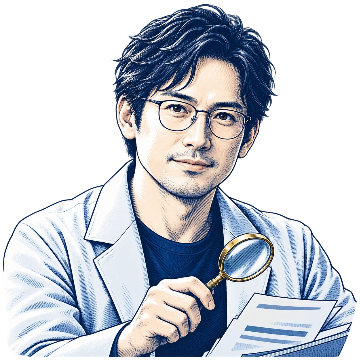 資料と虫眼鏡を手に、公開情報を確かめる研究者のイラスト